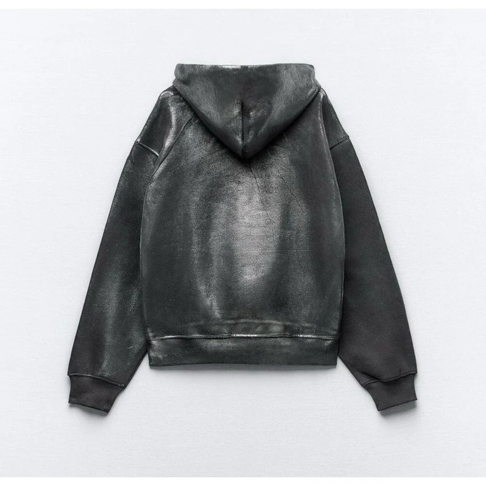 ZARA Womens Girls Metallic Silver Punk Gothic Rock Hoodie‎ Sweatshirt Size S - Picture 2 of 15